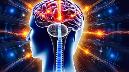 Human brain with highlighted neural connections and spinal cord, representing neuroscience, cognitive function, and central nervous system activity.

