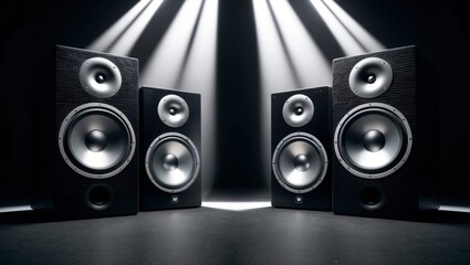 Two large black speakers with spotlights