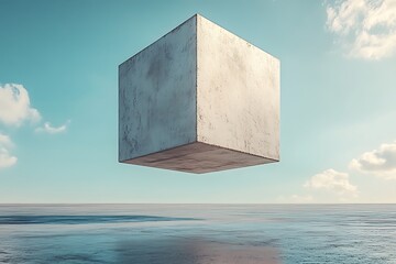 A minimalist image of a concrete cube floating over water.