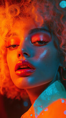 Naklejka premium Close-up portrait of a woman with bold makeup, illuminated by dramatic neon lighting in red and blue tones, creating a vibrant, futuristic look.