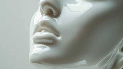 Close-up photo of a glossy, abstract, white sculpture resembling a human face with smooth, reflective surfaces.