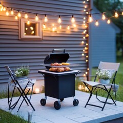 Small patio with a compact barbecue grill, folding chairs, and string lights