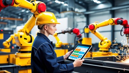 Engineer using tablet in automated factory with robots