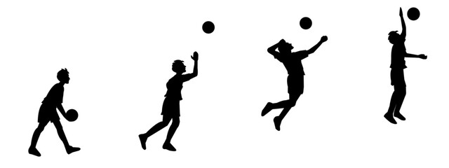 Set of silhouettes of male volleyball athletes with different poses, gestures and movements. vector illustration. isolated on white background.