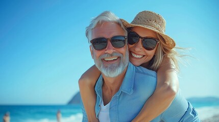 Obraz premium Older man and woman smiling on beach, enjoying summer vacation, wearing sunglasses and casual clothing under clear blue sky.