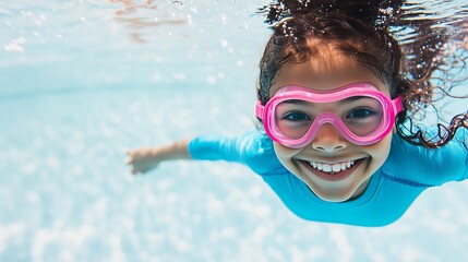 Fototapeta premium Happy child enjoying underwater swimming with vibrant pink goggles and blue swimsuit, showcasing fun and excitement.
