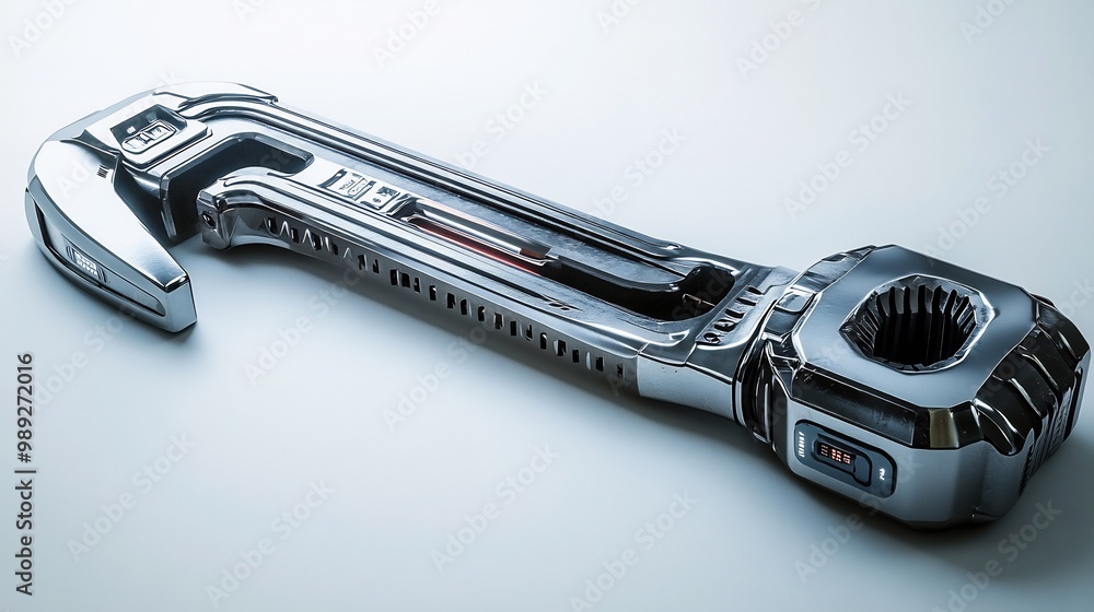Poster futuristic pipe wrench with selfadjusting jaws and digital torque monitoring fully visible on a whit