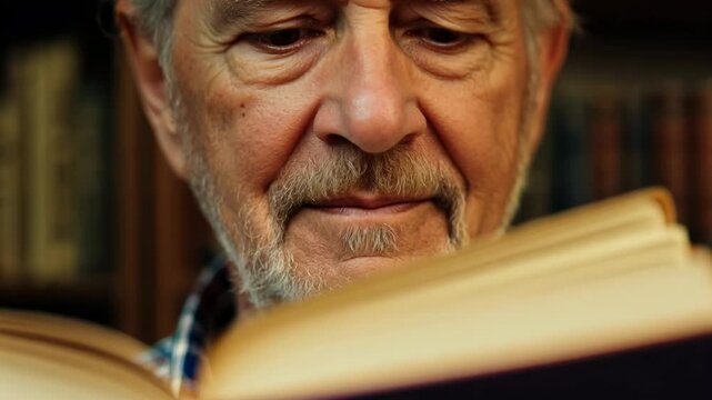 Old Caucasian man reading the book in a library. With a gentle smile, he immerses himself in a world of books.