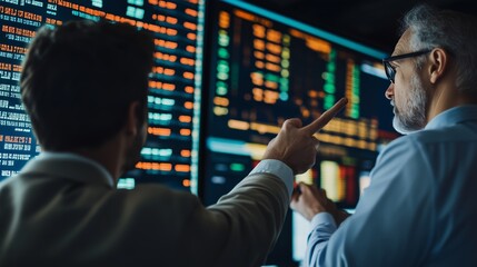 Two professionals analyzing stock market data on multiple digital screens in a modern office environment during late hours