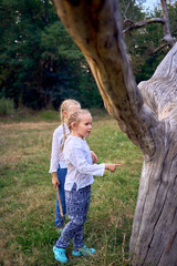 little sisters girls climb a tree, mother secures them below, camping with children
