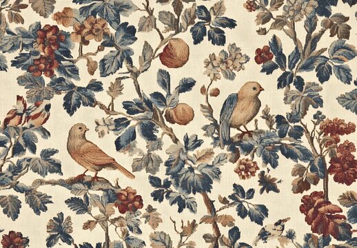 Antique Tapestry with Birds and Flowers