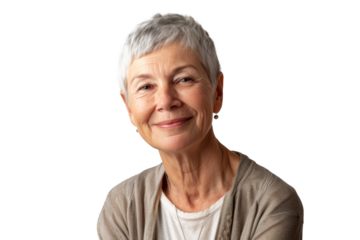 Portrait of a mature woman with a kind smile, her eyes full of warmth and experience, isolated on a transparent png background