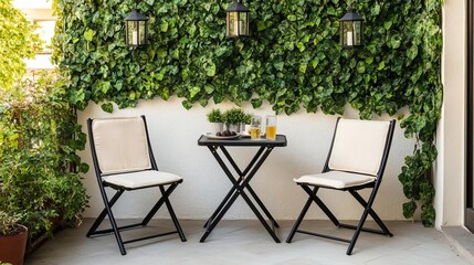 Small patio with a folding bistro set, ivy-covered wall, and hanging lanterns