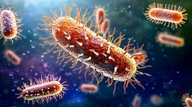 Microscopic view of bacteria with flagella in motion, representing microbiology, pathogens, and the study of infectious organisms.

