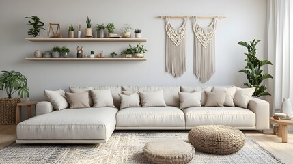 Cozy and inviting modern living room with a large comfortable sectional sofa minimalist stylish decor and bohemian inspired design elements like floating shelves natural textures and a calming