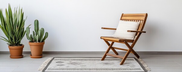 Small patio with a folding wooden chair, a small rug, and a potted cactus