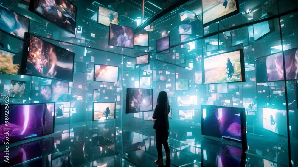 Poster a person in a virtual reality space surrounded by countless screens showing topaz, a virtual room fi