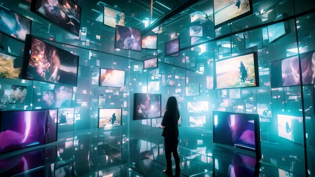 A person in a virtual reality space surrounded by countless screens showing topaz, A virtual room filled with floating screens showing individuals interacting and sharing ideas