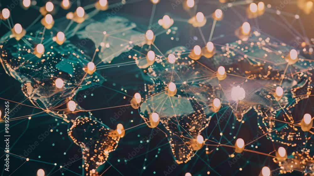 Poster a stylized video of the world map showing interconnected people representing a global network, a vis