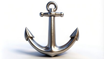Shiny metal anchor is lying on a white background