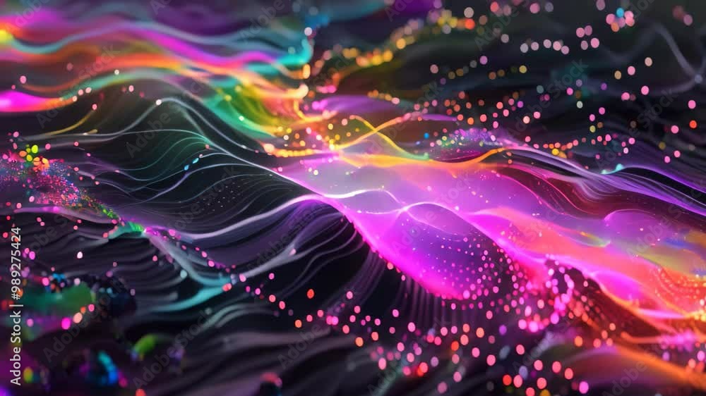 Poster a digital video depicting the flow of information as colorful lines and particles across a digital l