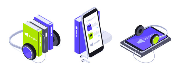 Audiobooks concept. Isometric online mobile library books with headphones 3d flat vector illustration set. Reading and e-learning concept on white