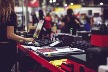 A woman is working at a counter with a computer and a keyboard
