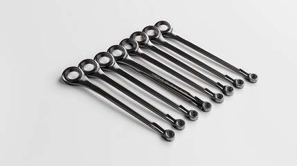 Futuristic Allen key set smart selfadjusting tips adapt various bolt sizes fully visible neatly arranged white plain background emphasizing their versatility innovative design future mechanical work