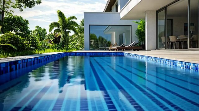 A sparkling blue pool sits in front of a modern home, surrounded by lush green tropical plants