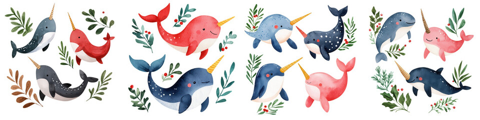 Fototapeta premium Colorful narwhals surrounded by seaweed on a white isolated background.