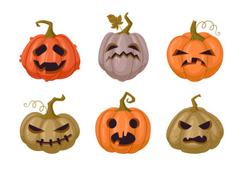 Halloween pumpkins. Spooky carved pumpkin faces, holiday pumpkins jack-o-lantern decorations flat vector illustration set. Cartoon scary Halloween gourd ghost faces