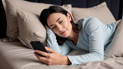 Relaxed woman lying on bed using smartphone