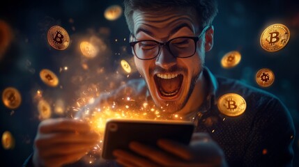 A man excitedly interacts with a smartphone, surrounded by glowing Bitcoin coins, reflecting a thrilling moment in cryptocurrency trading.