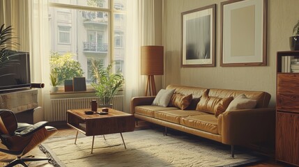 Fototapeta premium A retro-inspired living room featuring a brown leather sofa, vintage radio, and classic armchair. Natural light fills the space, highlighting the earthy tones and lush indoor plants. AI generative.