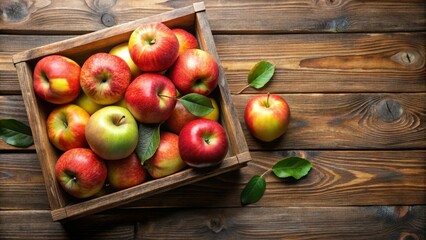 Wooden crate overflowing with freshly picked red and green apples sits on a rustic wooden surface and is surrounded by colorful autumn leaves