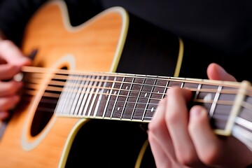 Fototapeta premium A close-up of guitar strings, with fingers gently plucking and strumming as music fills the air
