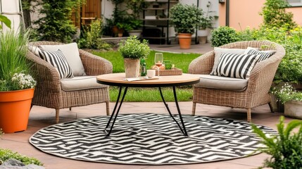 Fototapeta premium Small patio with a round table, wicker chairs, and a cozy outdoor rug