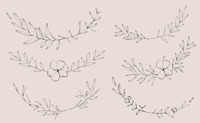 Line art hand drawn floral frames with flowers, branch and leaves. Elegant logo template. Decoration for greeting card, wedding invitation, save the date. 