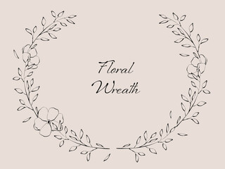 Line art hand drawn floral frame with flowers, branch and leaves. Elegant logo template. Decoration for greeting card, wedding invitation, save the date. 