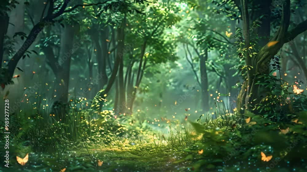 Poster a magical forest clearing with glowing fireflies illuminating the path through the trees, a whimsica
