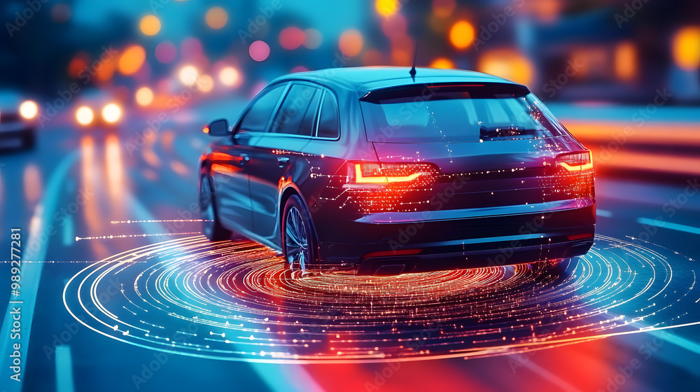 Poster automobile with gps tracking pulsing signal. a vehicle transmitting gps signal