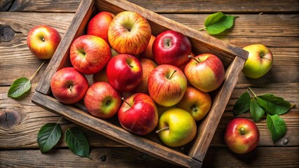 Wooden crate overflowing with freshly picked red and green apples sits on a rustic wooden surface and is surrounded by colorful autumn leaves