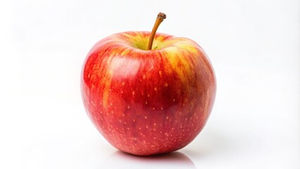 Single red and yellow apple sitting on a white reflective surface