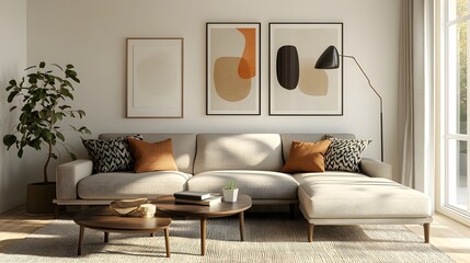 Harmonious and Peaceful Scandinavian Inspired Modern Living Space with Generously Sized Sectional Sofa Muted Color Palette and Abundance of Natural Light