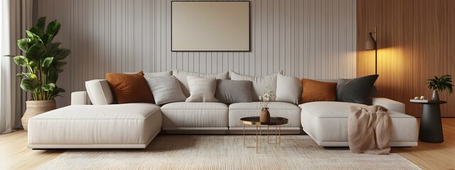Comfortable and inviting living room with plush neutral sofa contemporary coffee table and lush greenery accents  The space features a minimalist yet chic design with warm lighting and a serene