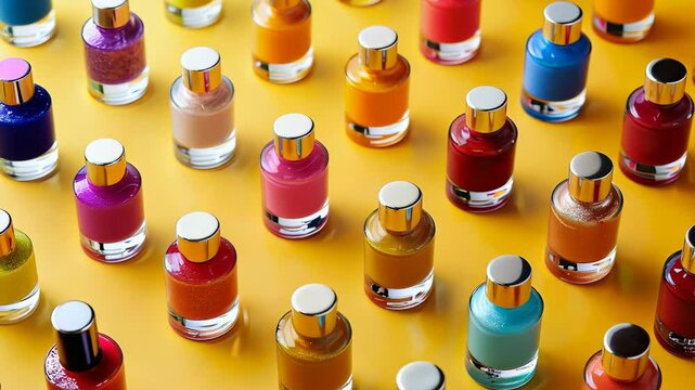 Colorful nail polish collection displayed on a bright yellow background for beauty enthusiasts