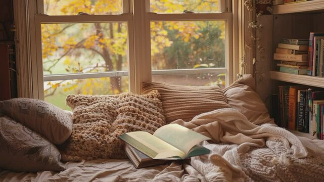 Cozy reading nook by the window in fall