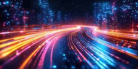 Fototapeta premium Futuristic cityscape with glowing light trails at night