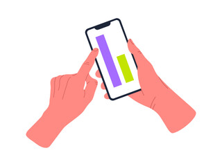 Mobile phone in hands. Smartphone user, human hand touch device screen and scrolling or tapping flat vector illustration. Cartoon hands holding smartphone