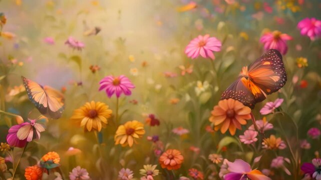 A colorful garden filled with bright flowers and flitting butterflies, A whimsical garden filled with vibrant flowers and butterflies